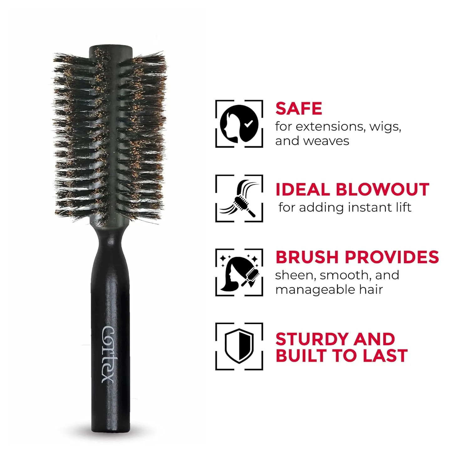 100% Boar Bristle Round Hair Brush, For Women and Men, For All Hair Types, Natural and Soft Hair Brush - Black Wood 2.4"
