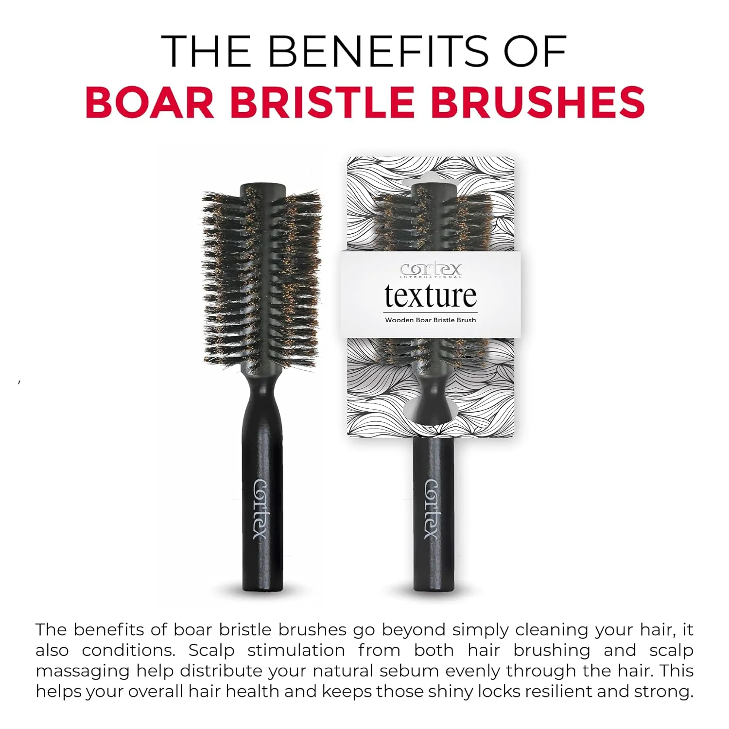 100% Boar Bristle Round Hair Brush, For Women and Men, For All Hair Types, Natural and Soft Hair Brush - Black Wood 2.4"