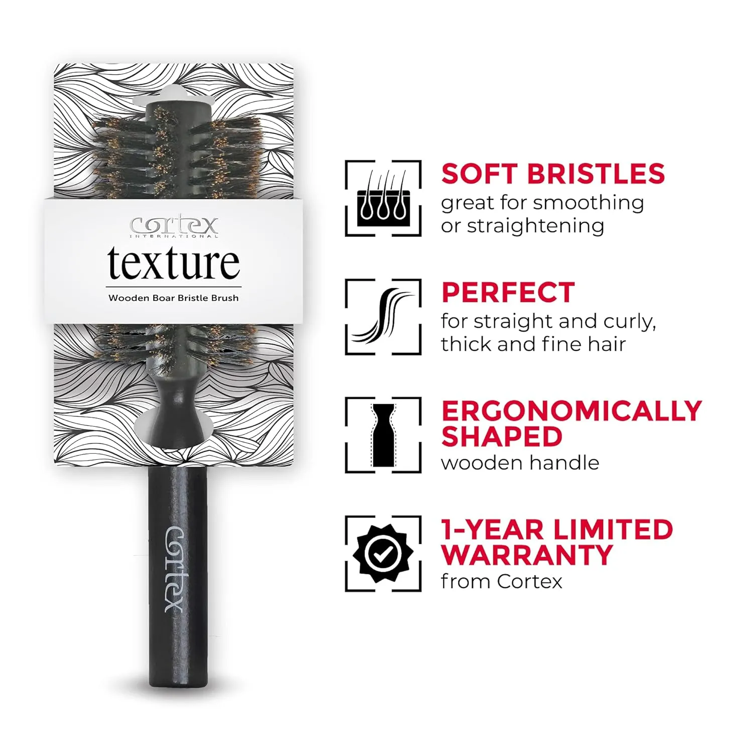 100% Boar Bristle Round Hair Brush, For Women and Men, For All Hair Types, Natural and Soft Hair Brush - Black Wood 2.4"