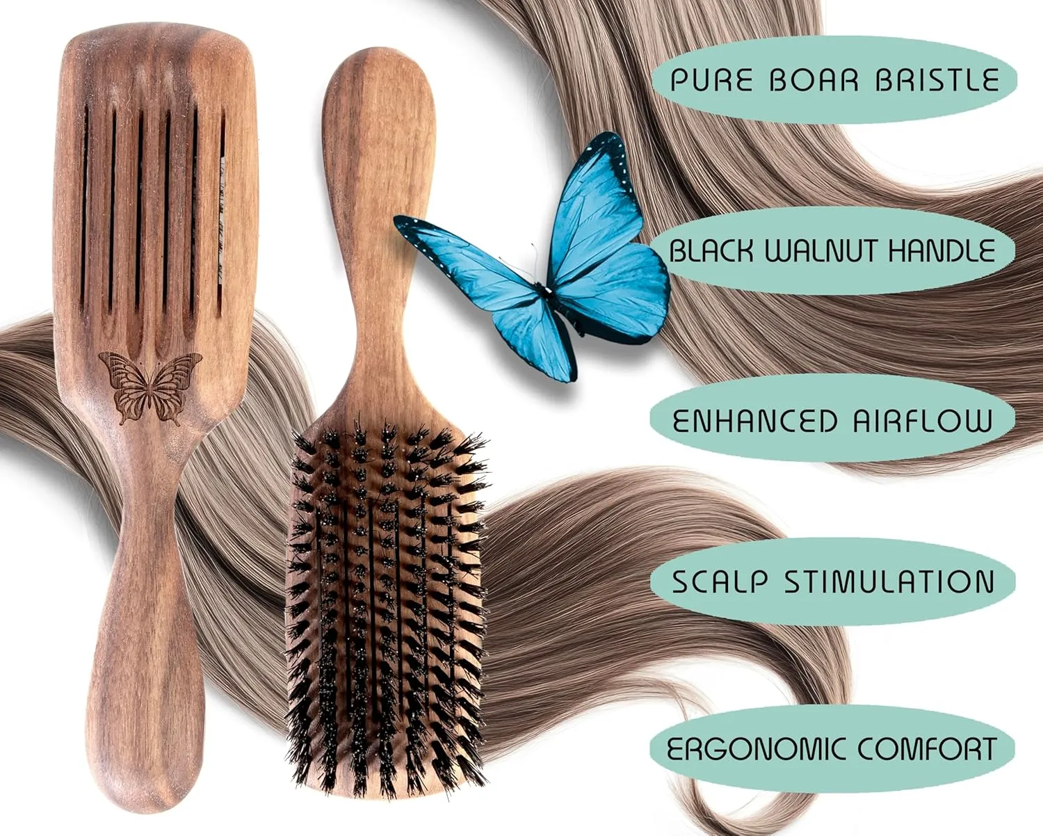 100% Pure Wild Boar Bristle, Vented Hair Brush, for Blow Drying and Natural Shine, Black Walnut Handle, Made in Germany