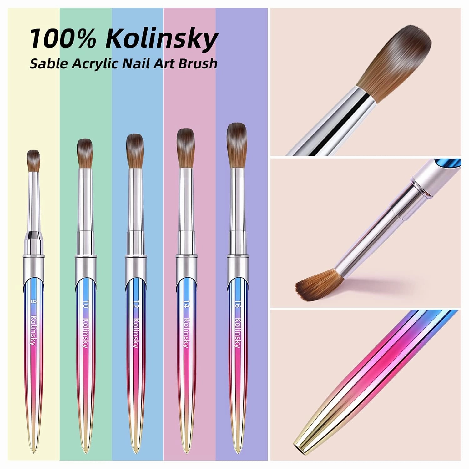 100% Kolinsky Acrylic Nail Brush,3D Nail Brushes for Acrylic Application(Size 8/10/12/14/16/18) Round Shape Pure Handmade, Professional Nail Art Brush Manicure for Women (#10)