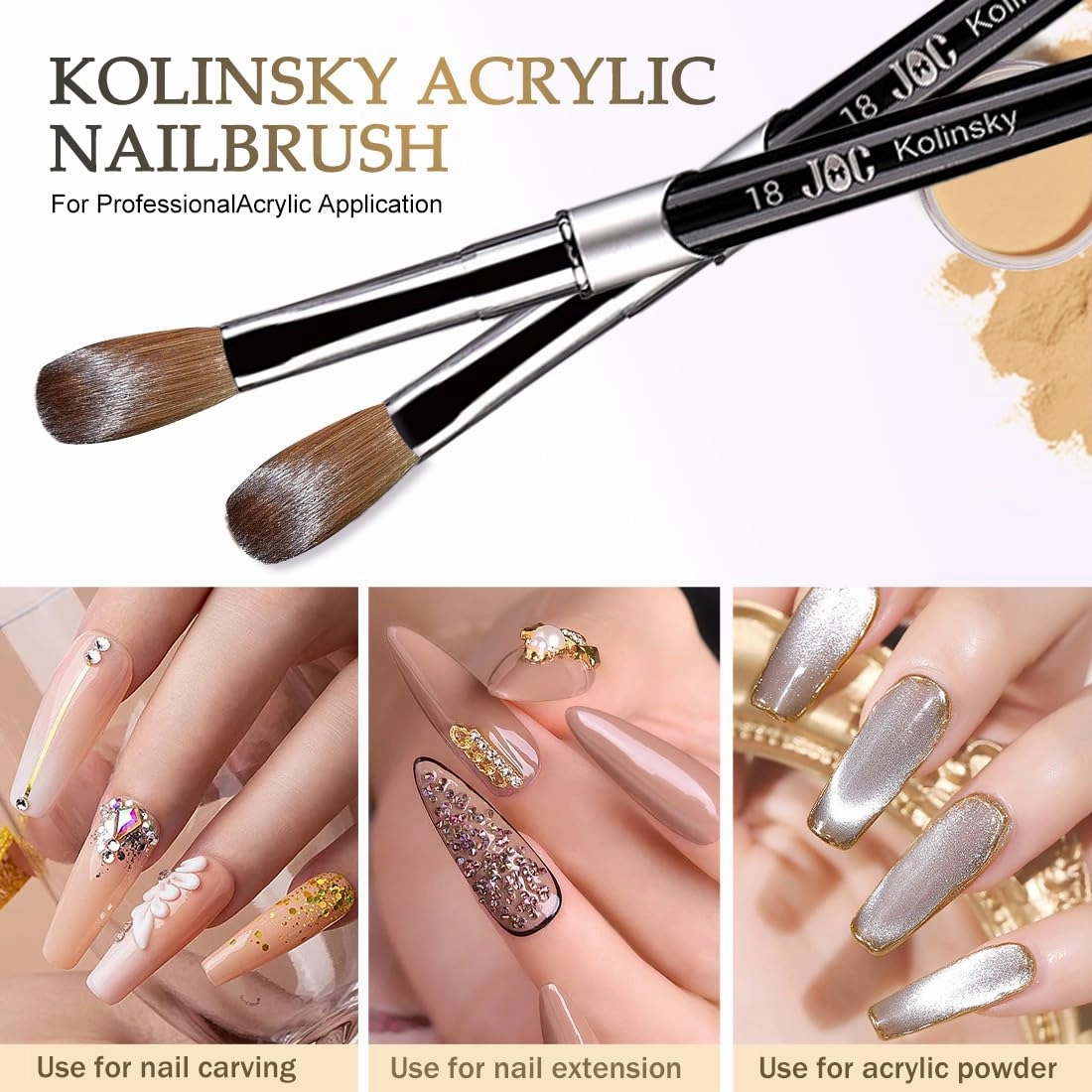 100% Kolinsky Hair Bristles, Acrylic Nail Brush for Acrylic Powder Nail Carved and Extend Nails, Nail Art Brush Black White Metal Handle Professional Drawing Application Manicure Tool (16#)