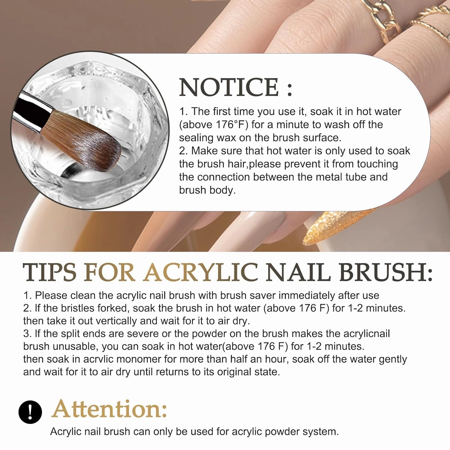 100% Kolinsky Hair Bristles, Acrylic Nail Brush for Acrylic Powder Nail Carved and Extend Nails, Nail Art Brush Black White Metal Handle Professional Drawing Application Manicure Tool (16#)