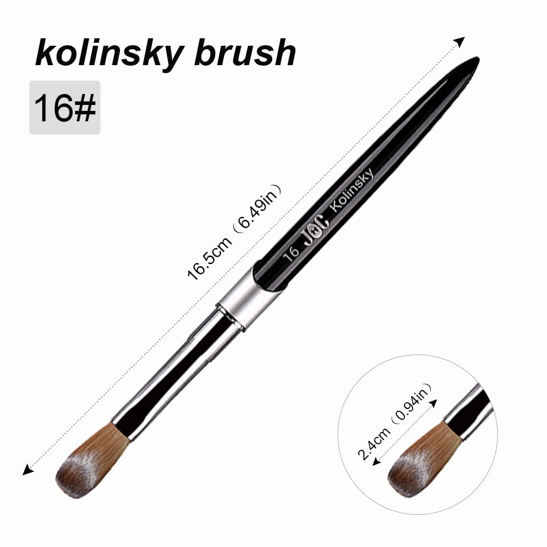 100% Kolinsky Hair Bristles, Acrylic Nail Brush for Acrylic Powder Nail Carved and Extend Nails, Nail Art Brush Black White Metal Handle Professional Drawing Application Manicure Tool (16#)