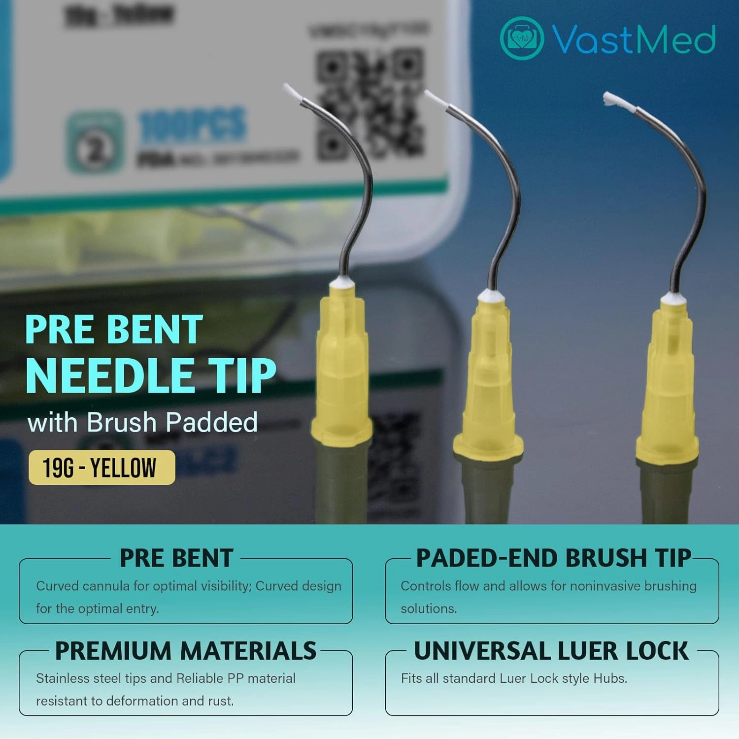 100PCs Dental Grade 19G Pre Bent Needle Tip with Brush Padded by VASTMED | Disposable Dental Pre-Bent Irrigation/Metal Infusor Delivery Needle Tips
