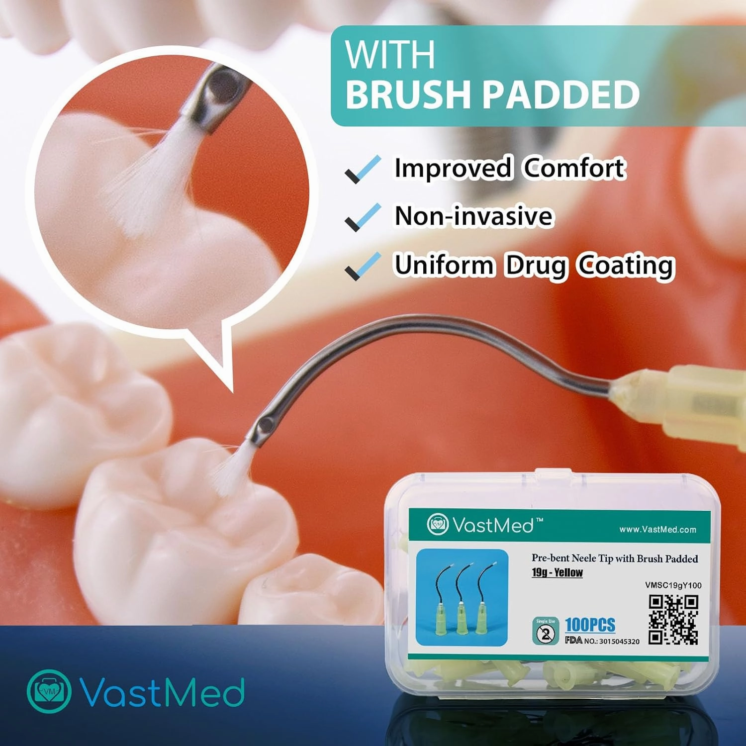 100PCs Dental Grade 19G Pre Bent Needle Tip with Brush Padded by VASTMED | Disposable Dental Pre-Bent Irrigation/Metal Infusor Delivery Needle Tips