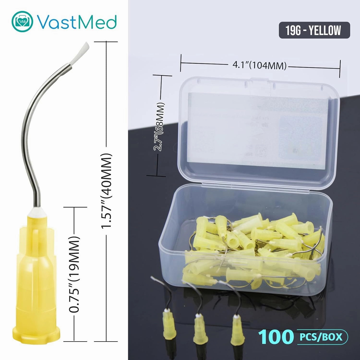 100PCs Dental Grade 19G Pre Bent Needle Tip with Brush Padded by VASTMED | Disposable Dental Pre-Bent Irrigation/Metal Infusor Delivery Needle Tips