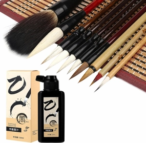 10Pcs Chinese Calligraphy Brushes Set, Black, 120 ML Sumi Ink, Versatile Elegance for Beginner Practice, Traditional Art Works and Japanese Brush Black Ink