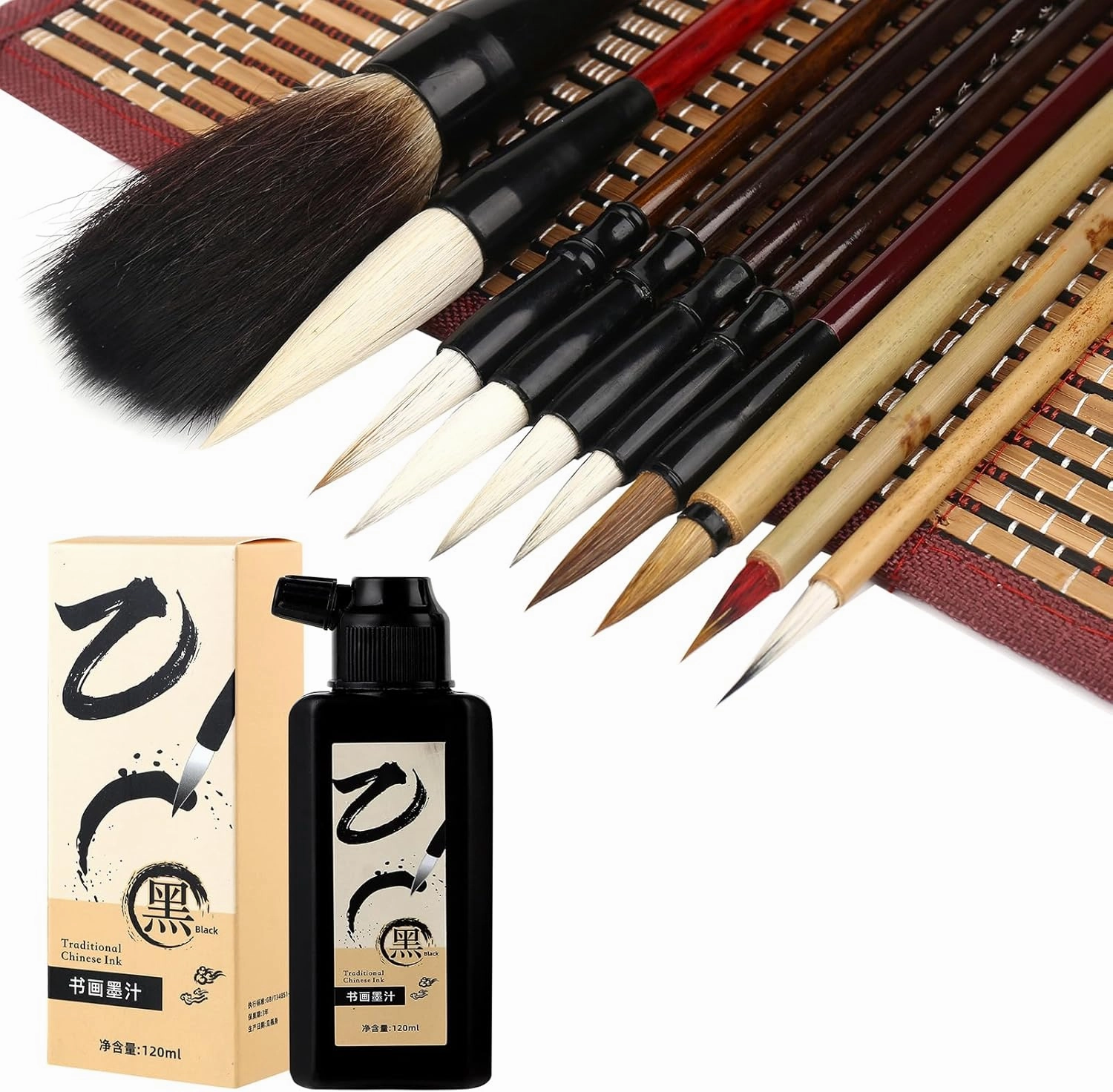 10Pcs Chinese Calligraphy Brushes Set, Black, 120 ML Sumi Ink, Versatile Elegance for Beginner Practice, Traditional Art Works and Japanese Brush Black Ink
