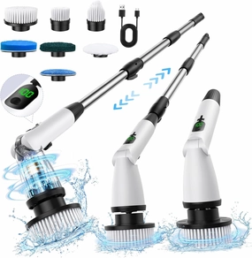 11 in 1 Electric Spin Scrubber Cordless Cleaning Brush 3 Adjustable Angles 2 Adjustable Speeds LED Display Shower Cleaner Brush Supplies Extension Long Handle for Bathroom Floor Tile Toilet Waterproof