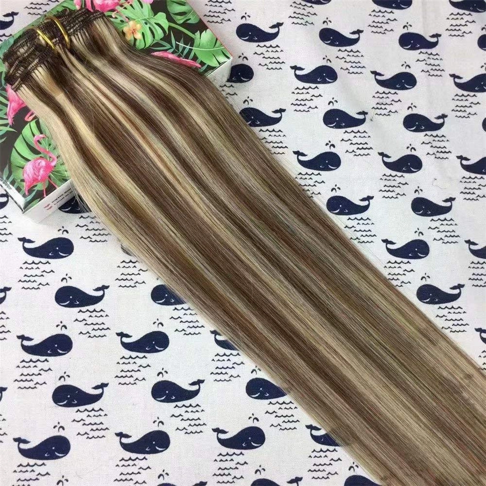 14 Inch 70g/7pcs Brown with Blonde Highlights Clip in Extensions Two Tone Colored Brazilian Remy Human Hair Extensions Clip in