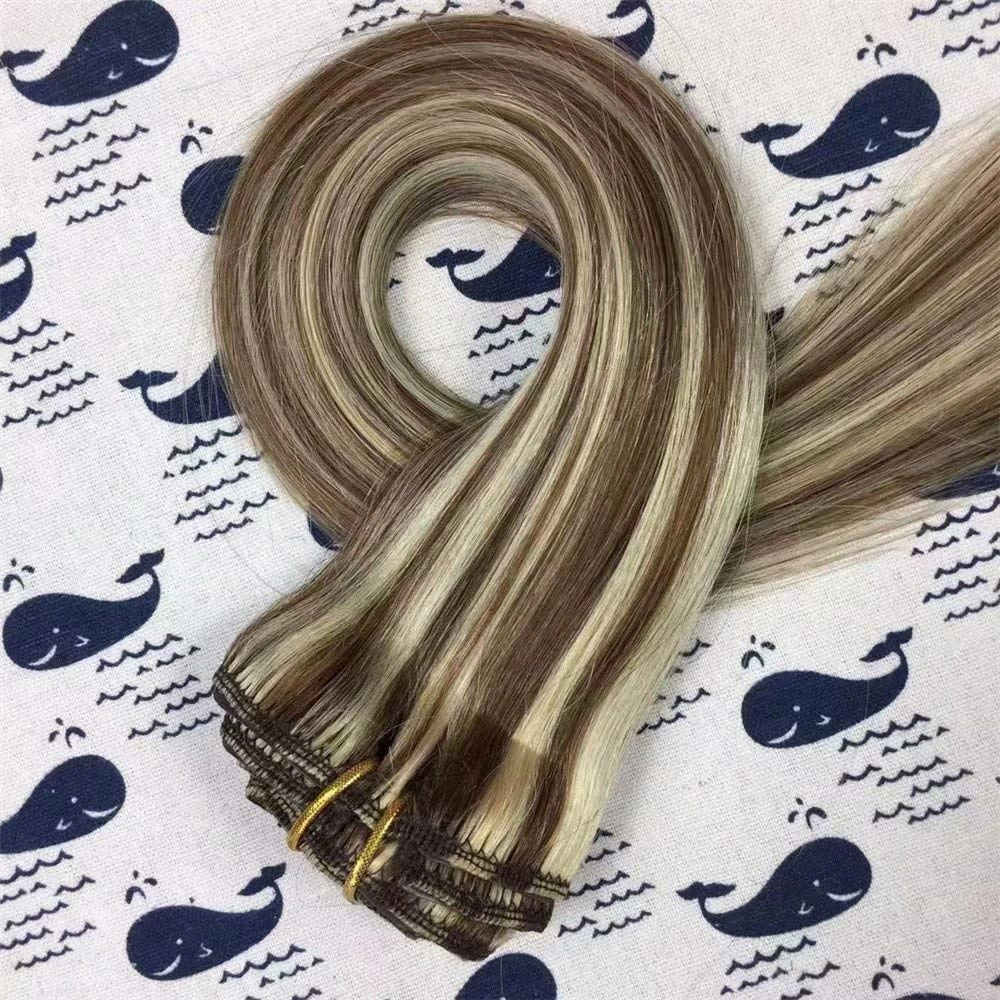 14 Inch 70g/7pcs Brown with Blonde Highlights Clip in Extensions Two Tone Colored Brazilian Remy Human Hair Extensions Clip in