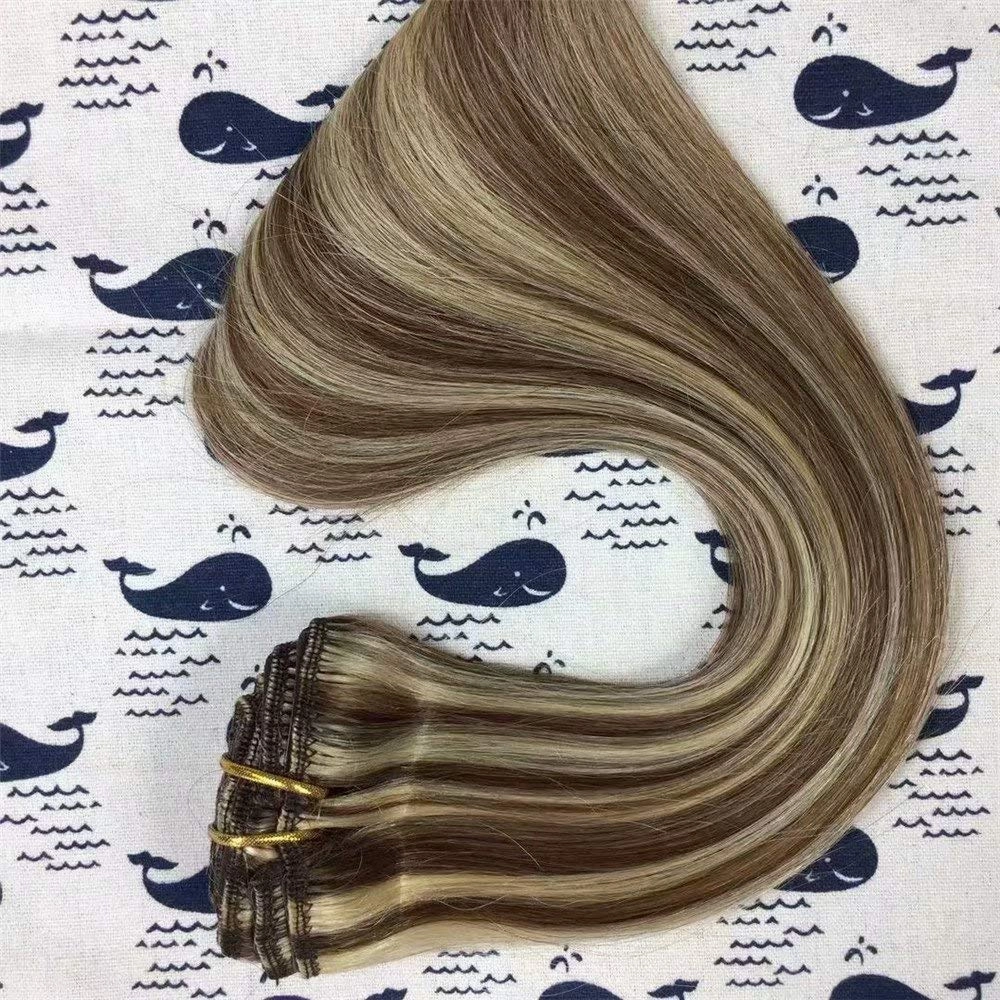14 Inch 70g/7pcs Brown with Blonde Highlights Clip in Extensions Two Tone Colored Brazilian Remy Human Hair Extensions Clip in