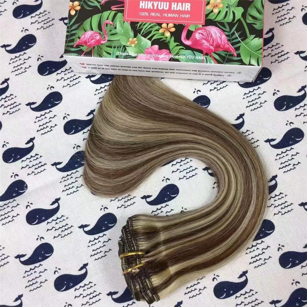 14 Inch 70g/7pcs Brown with Blonde Highlights Clip in Extensions Two Tone Colored Brazilian Remy Human Hair Extensions Clip in