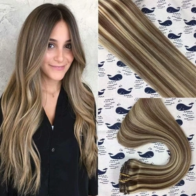 14 Inch 70g/7pcs Brown with Blonde Highlights Clip in Extensions Two Tone Colored Brazilian Remy Human Hair Extensions Clip in