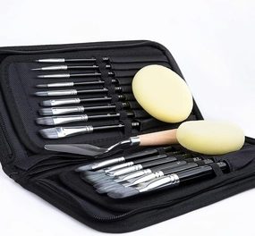 18 Piece Paint Brush Set, ARTIFY 15 Acrylic Paint Brushes, Palette Knife, and 2 Sponges, Professional Artist Paint Brushes for Acrylics, Watercolors, Gouache, Canvas, and Face Painting,Black