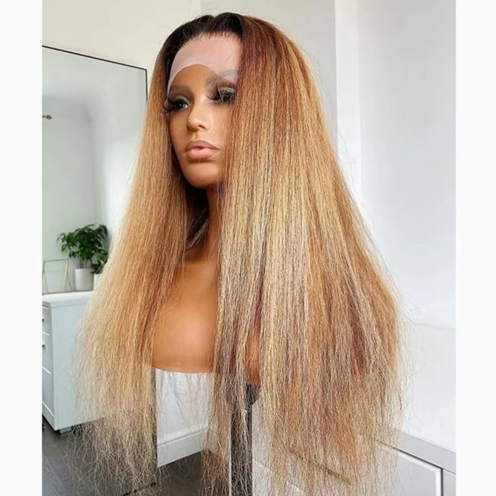 1B/27 Ombre Color Human Hair Yaki Straight Wig 13X6 HD Transparent Lace Front Wig Human Hair Pre Plucked 150% Density Honey Blonde Kinky Straight Brazilian Remy Hair Glueless Wigs Bleached Knots