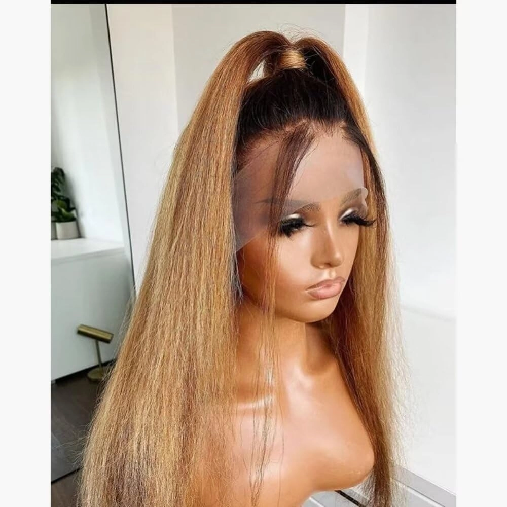 1B/27 Ombre Color Human Hair Yaki Straight Wig 13X6 HD Transparent Lace Front Wig Human Hair Pre Plucked 150% Density Honey Blonde Kinky Straight Brazilian Remy Hair Glueless Wigs Bleached Knots
