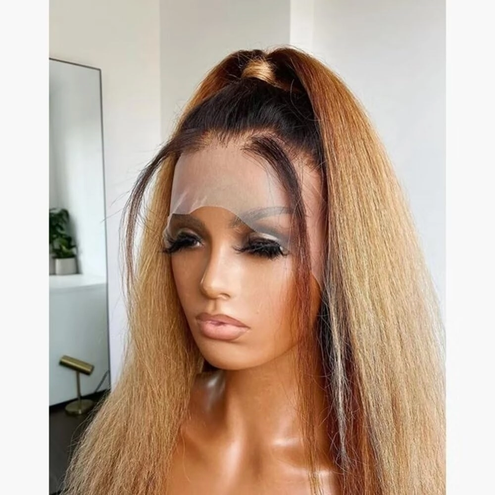 1B/27 Ombre Color Human Hair Yaki Straight Wig 13X6 HD Transparent Lace Front Wig Human Hair Pre Plucked 150% Density Honey Blonde Kinky Straight Brazilian Remy Hair Glueless Wigs Bleached Knots