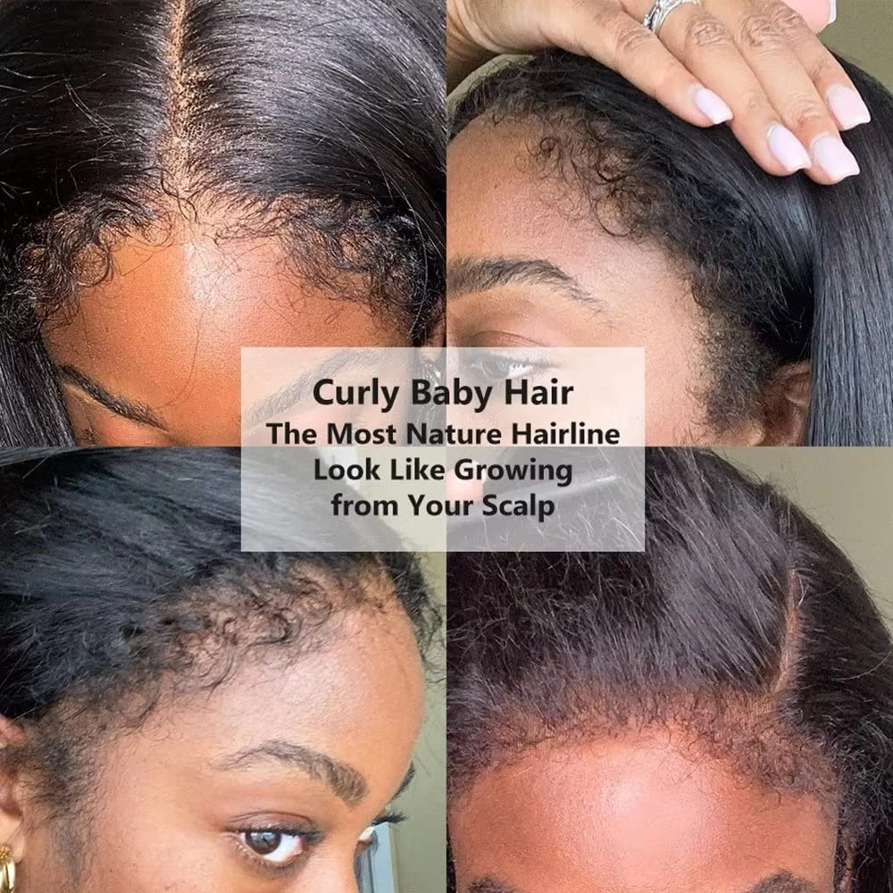 1B/30 Ombre Color Kinky Straight Hair Wig with Curly Baby Hair HD Transparent 13X6 Lace Front Wigs Human Hair 4C kinky Edges Human Hair Yaki Straight Wigs 150% Density Brazilian Hair Wig