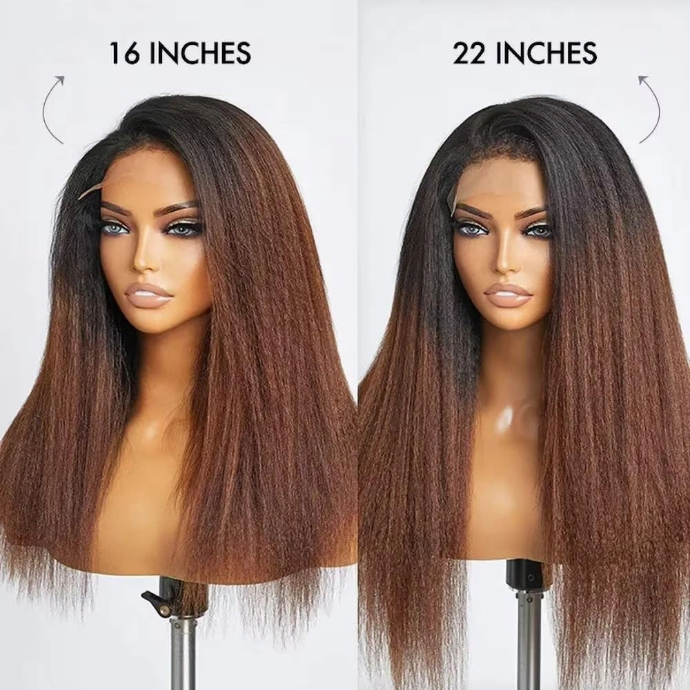 1B/30 Ombre Color Kinky Straight Hair Wig with Curly Baby Hair HD Transparent 13X6 Lace Front Wigs Human Hair 4C kinky Edges Human Hair Yaki Straight Wigs 150% Density Brazilian Hair Wig