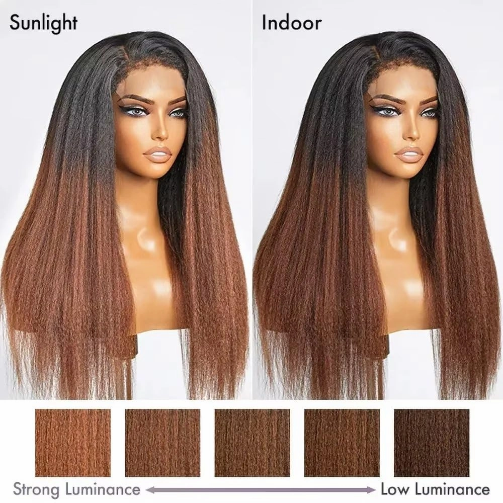 1B/30 Ombre Color Kinky Straight Hair Wig with Curly Baby Hair HD Transparent 13X6 Lace Front Wigs Human Hair 4C kinky Edges Human Hair Yaki Straight Wigs 150% Density Brazilian Hair Wig