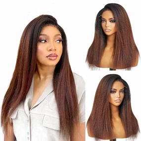 1B/30 Ombre Color Kinky Straight Hair Wig with Curly Baby Hair HD Transparent 13X6 Lace Front Wigs Human Hair 4C kinky Edges Human Hair Yaki Straight Wigs 150% Density Brazilian Hair Wig