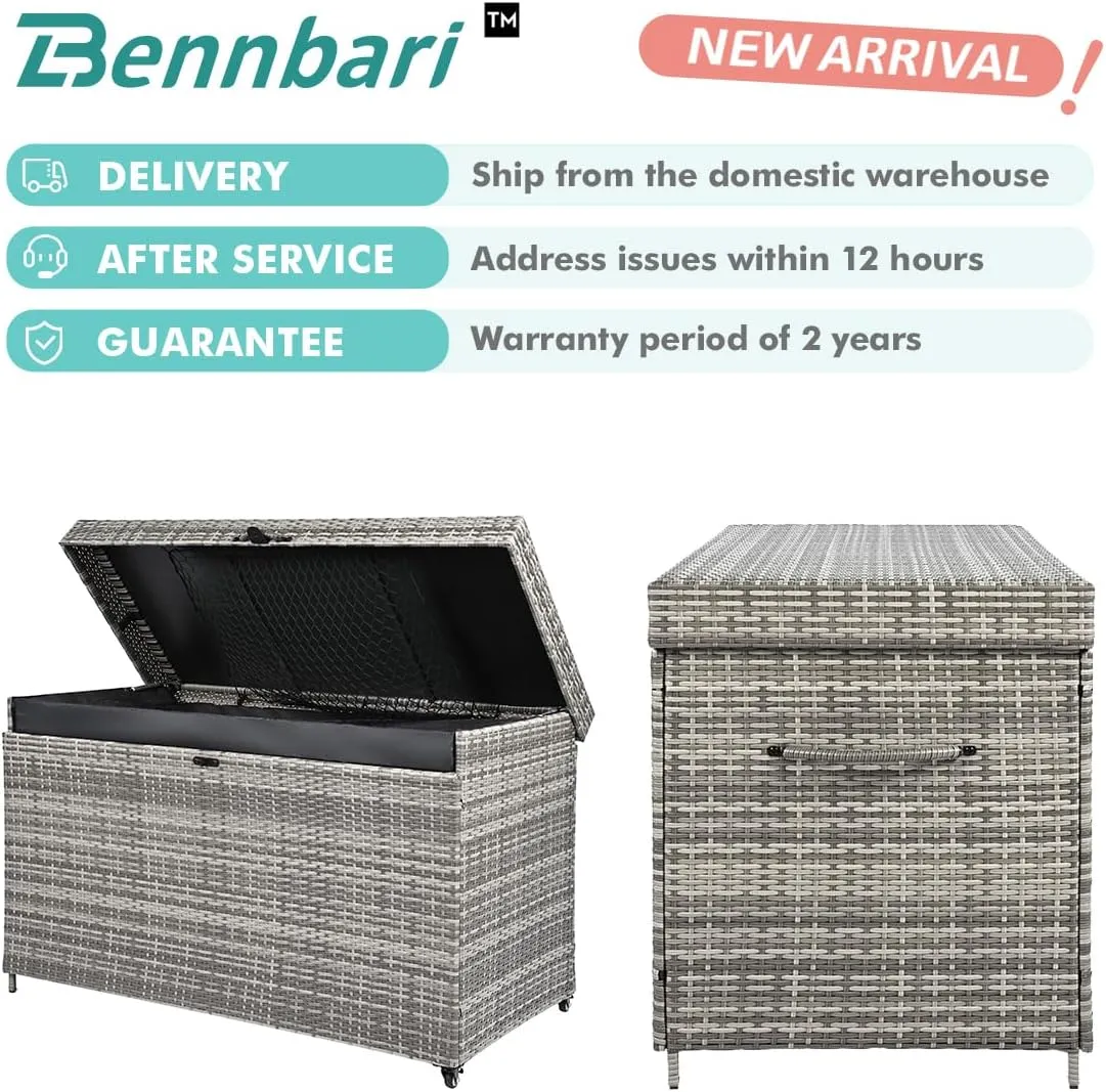 200 Gallon Large Lockable Wicker Deck Box with Wheels, Waterproof Outdoor Storage Box, Rattan Storage Bin for Patio Furniture, Outdoor Cushions, Pool Storage and Garden Tools (Grey)