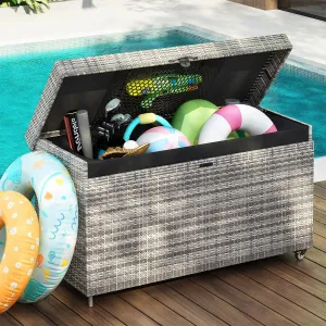 200 Gallon Large Lockable Wicker Deck Box with Wheels, Waterproof Outdoor Storage Box, Rattan Storage Bin for Patio Furniture, Outdoor Cushions, Pool Storage and Garden Tools (Grey)