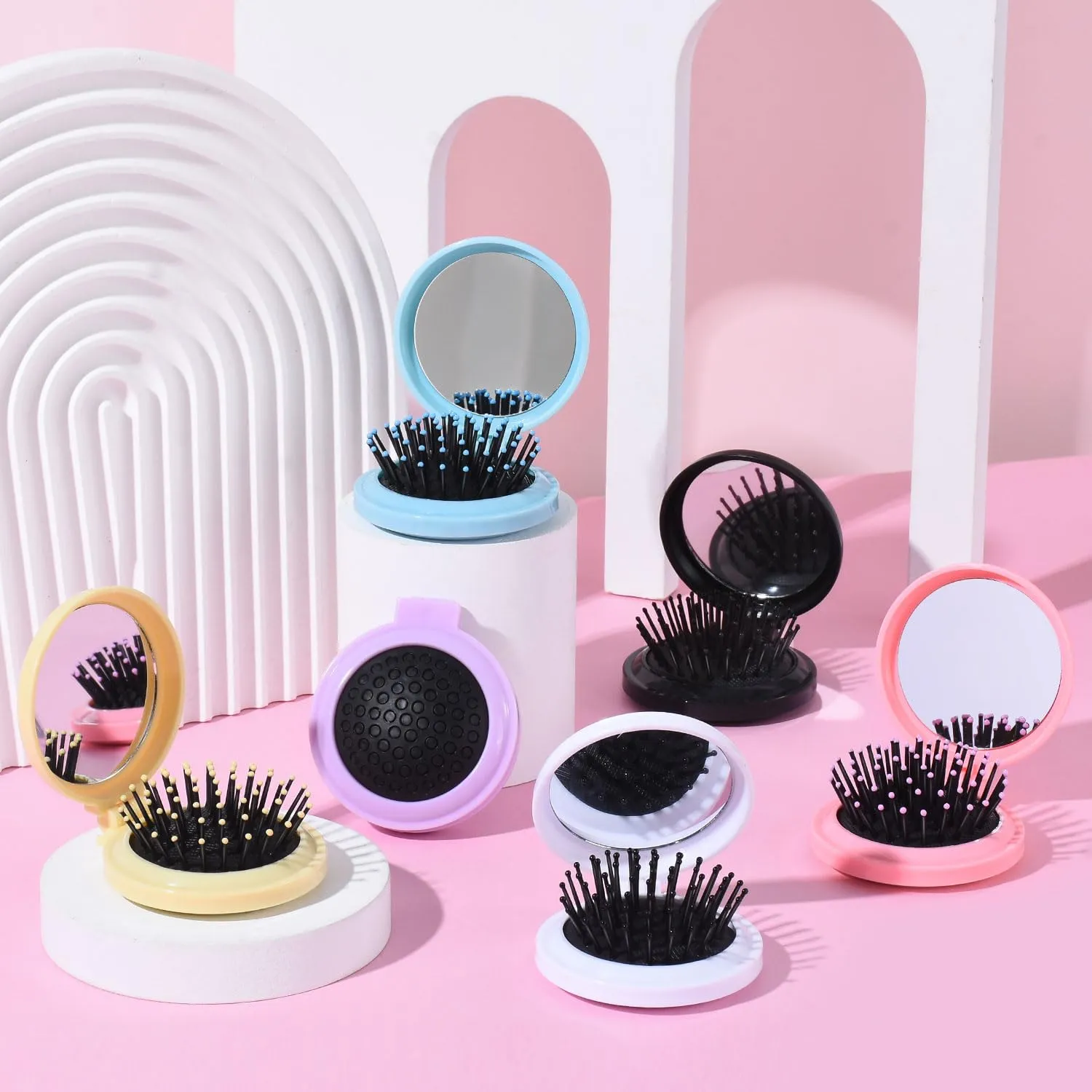 21 Pcs Hair Brushes Set with Travel Mirror: Folding Pocket Brush, Round Makeup Mirror, Mini Comb (7 Colors)