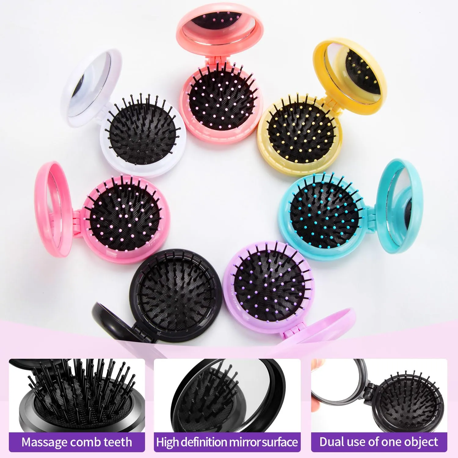 21 Pcs Hair Brushes Set with Travel Mirror: Folding Pocket Brush, Round Makeup Mirror, Mini Comb (7 Colors)