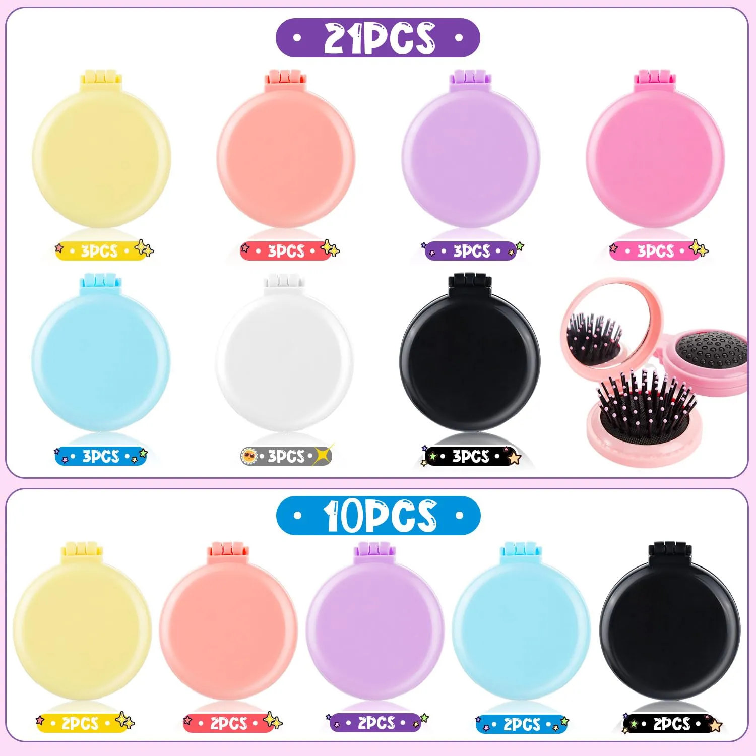 21 Pcs Hair Brushes Set with Travel Mirror: Folding Pocket Brush, Round Makeup Mirror, Mini Comb (7 Colors)