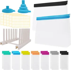 24pcs Protein Powder Travel Container Set, Reusable Powder Supplement Container To Go-14 Single Dose Bags, 2pc Large Travel Containers Zip Up Bags, 5pcs Label Stickers, 2pcs Funnels and Drying Rack