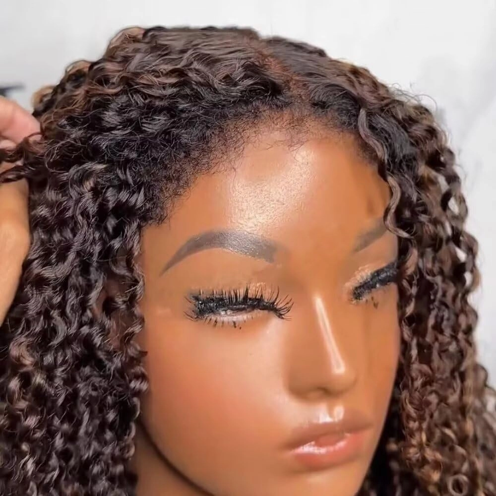 2/30 Ombre Brown Highlight Kinky Curly Human Hair Wigs with Curly Baby Hair 180% Density 13X4 HD Transparent Lace Front Wig Pre Plucked 4C Kinky Edges Brazilian Hair Glueless Wigs For Woman 8Inch