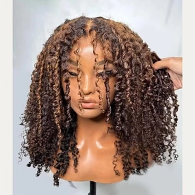2/30 Ombre Brown Highlight Kinky Curly Human Hair Wigs with Curly Baby Hair 180% Density 13X4 HD Transparent Lace Front Wig Pre Plucked 4C Kinky Edges Brazilian Hair Glueless Wigs For Woman 8Inch