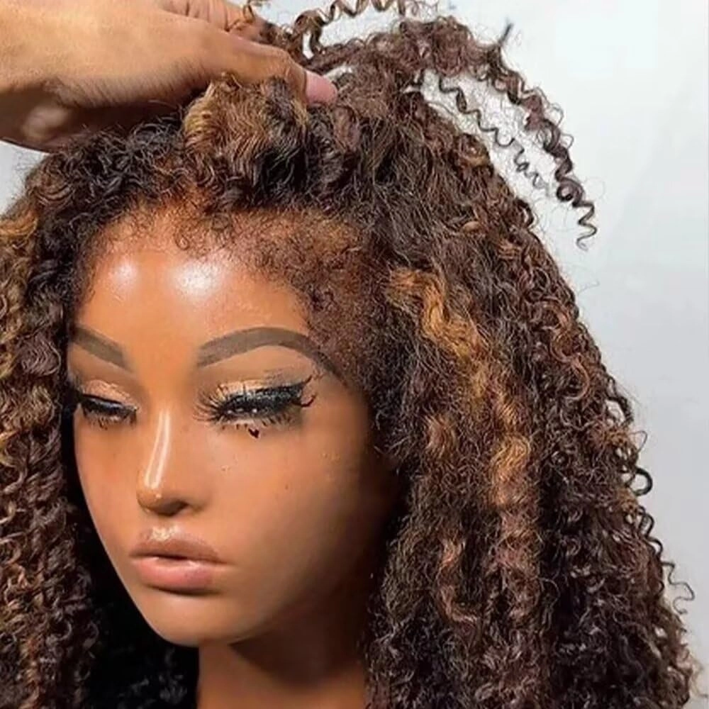 2/30 Ombre Brown Highlight Kinky Curly Human Hair Wigs with Curly Baby Hair 180% Density 13X4 HD Transparent Lace Front Wig Pre Plucked 4C Kinky Edges Brazilian Hair Glueless Wigs For Woman 8Inch