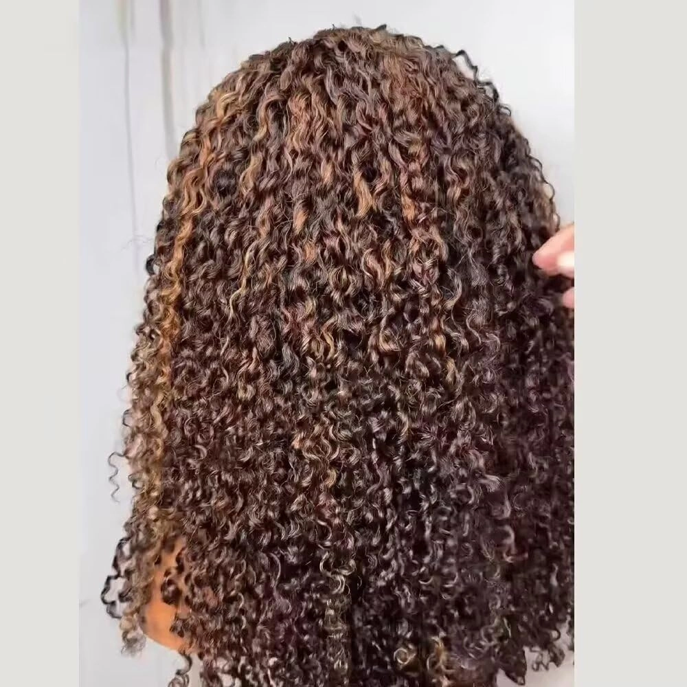 2/30 Ombre Brown Highlight Kinky Curly Human Hair Wigs with Curly Baby Hair 180% Density 13X4 HD Transparent Lace Front Wig Pre Plucked 4C Kinky Edges Brazilian Hair Glueless Wigs For Woman 8Inch