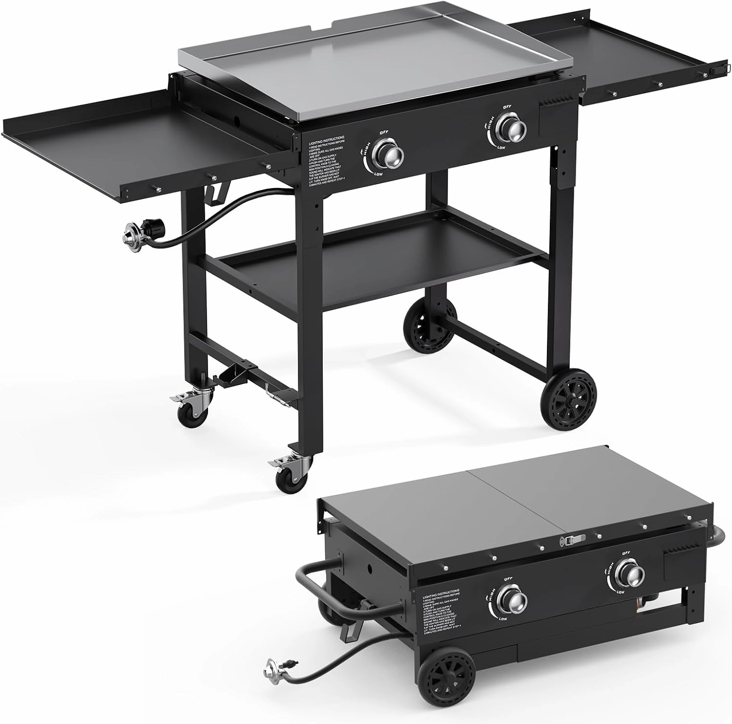 2 Burner Foldable Gas Griddle, 28 Inch Stainless Steel Portable Detachable Propane Griddle, 30,000 BTU Flat Top Barbecue Grill with Side Shelves for Camping