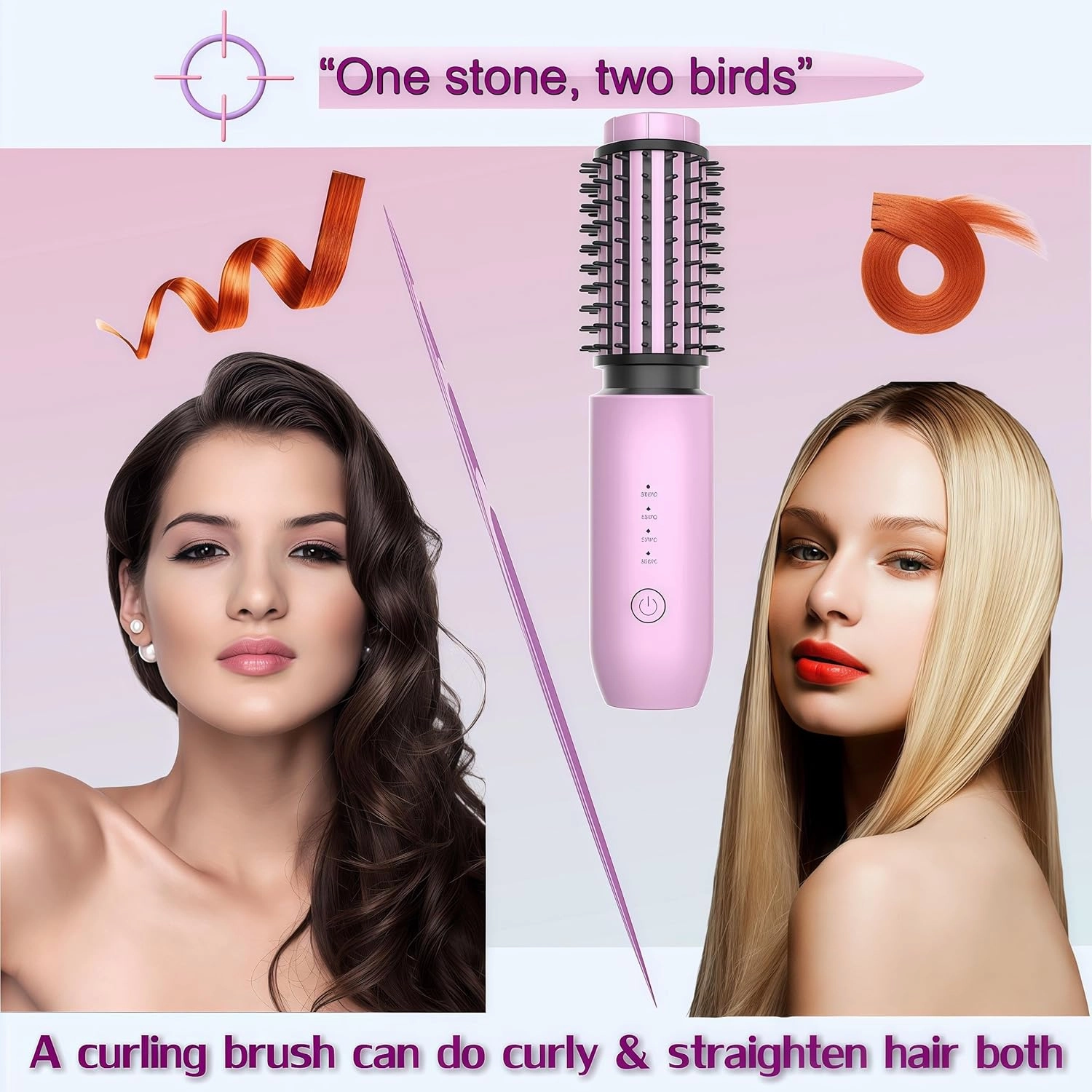 2-in-1 Cordless Curling Iron & Straightener Brush,Heated Hair Styler with Needle Teeth Comb,USB-C Rechargeable,4 Temp,200M Ionic for Curls/Straightening/Smoothing (Women & Travel) (Pink)