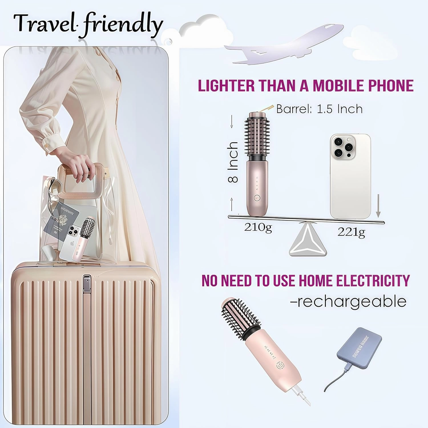 2-in-1 Cordless Curling Iron & Straightener Brush,Heated Hair Styler with Needle Teeth Comb,USB-C Rechargeable,4 Temp,200M Ionic for Curls/Straightening/Smoothing (Women & Travel) (Pink)