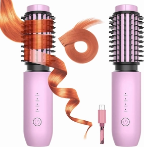 2-in-1 Cordless Curling Iron & Straightener Brush,Heated Hair Styler with Needle Teeth Comb,USB-C Rechargeable,4 Temp,200M Ionic for Curls/Straightening/Smoothing (Women & Travel) (Pink)