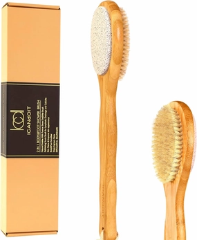 2 in 1 Long Handle Bath&Shower Brush,Bath Scrubber,Boar Bristle with Pumice Stone Exfoliate & Soften Skin,Dry Brushing Body Brush for Cellulite&Lymphatic Drainage