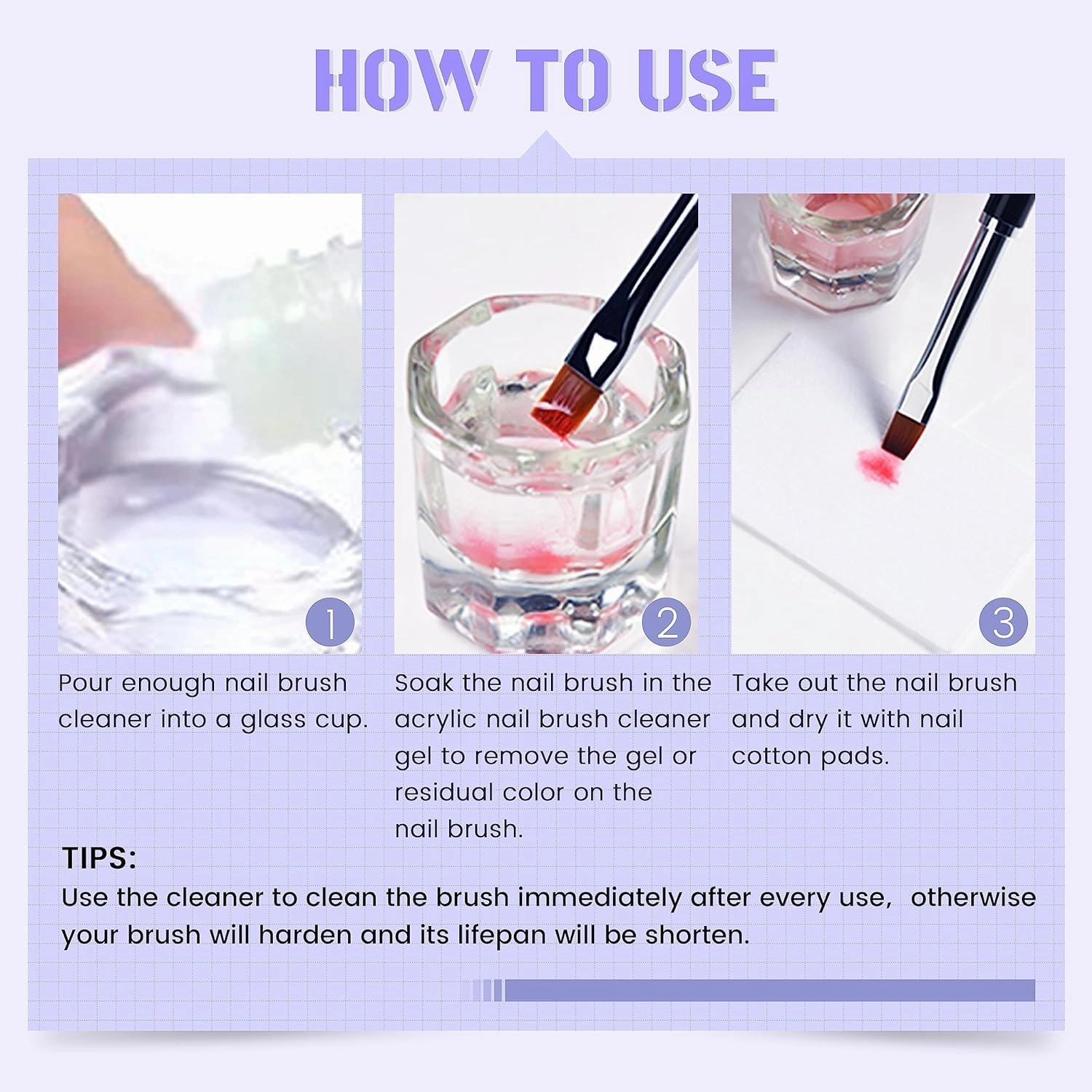 2PCS Finger Secret Nail Brush Cleaner- Professional Nail Art Brush Cleaning Solution. Nail Brush Cleaner Liquid Ideal for Nail Salon At Home. 2 * 120ml with Glass Cup and 50 Cotton Pads