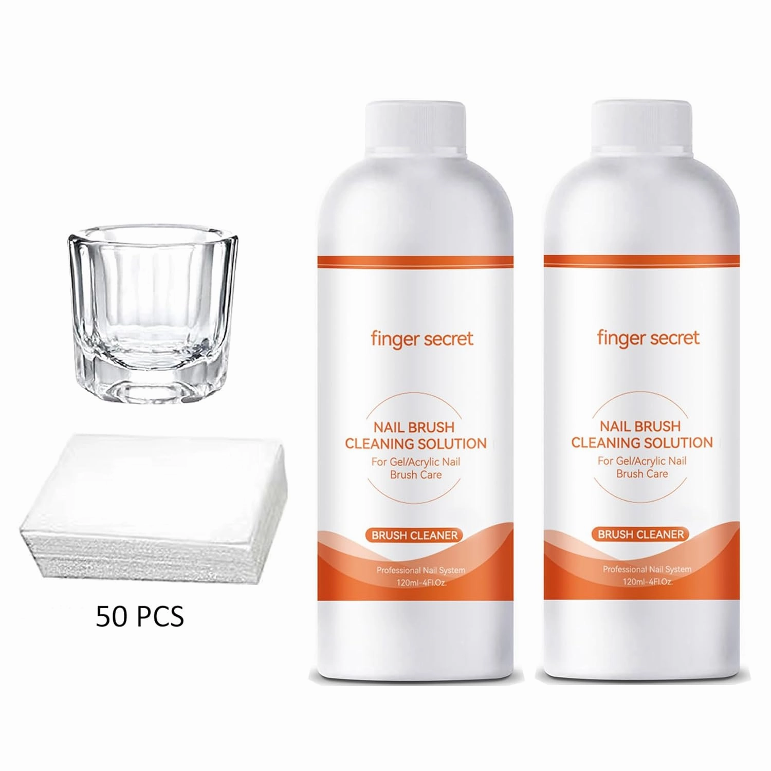2PCS Finger Secret Nail Brush Cleaner- Professional Nail Art Brush Cleaning Solution. Nail Brush Cleaner Liquid Ideal for Nail Salon At Home. 2 * 120ml with Glass Cup and 50 Cotton Pads