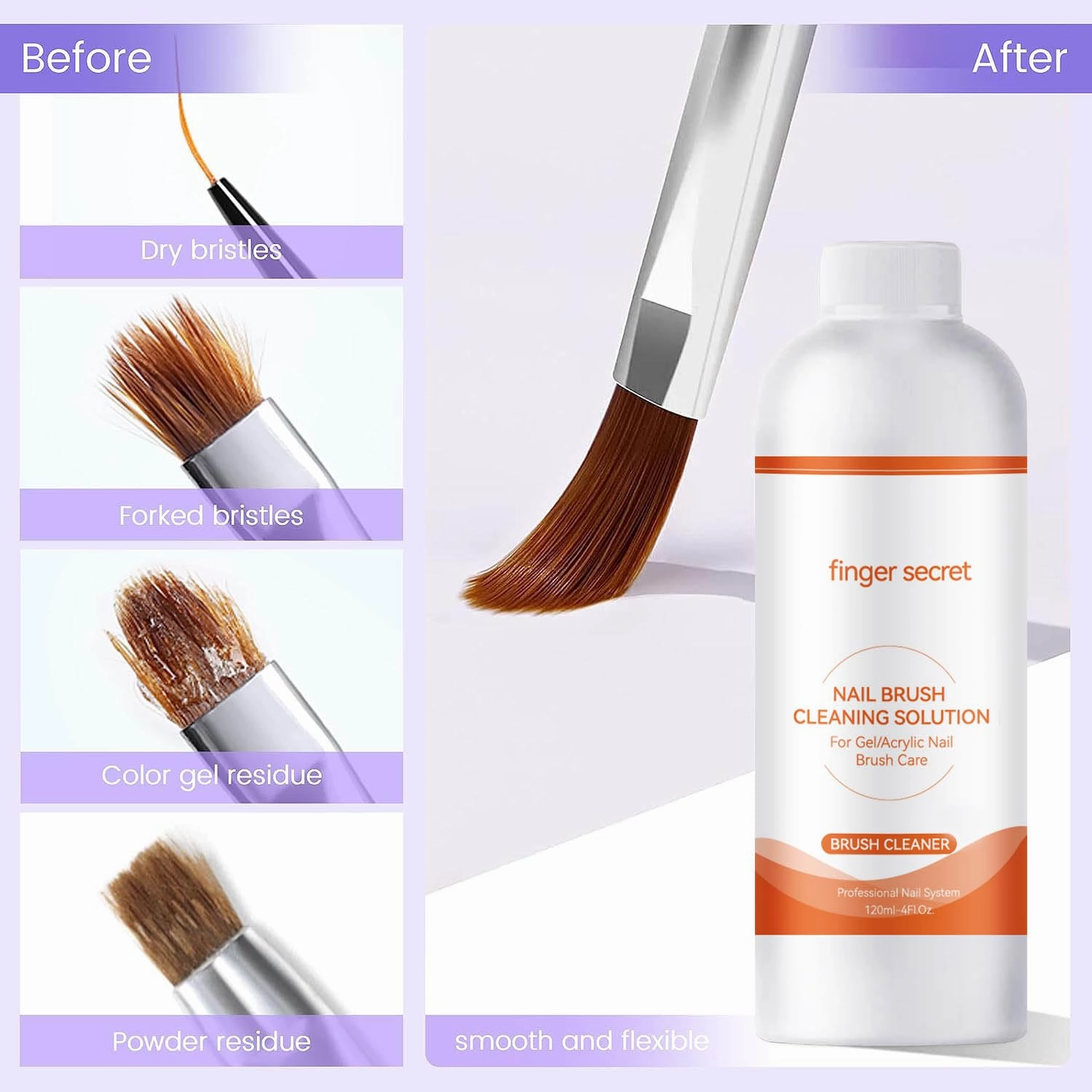 2PCS Finger Secret Nail Brush Cleaner- Professional Nail Art Brush Cleaning Solution. Nail Brush Cleaner Liquid Ideal for Nail Salon At Home. 2 * 120ml with Glass Cup and 50 Cotton Pads