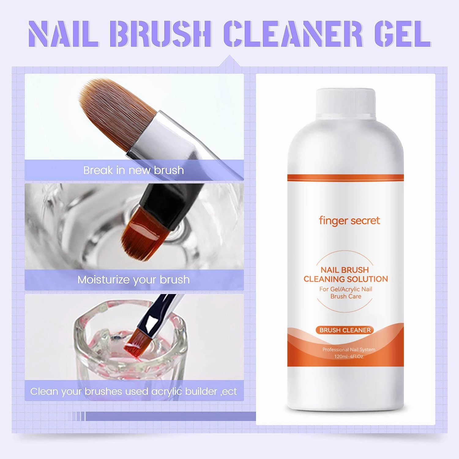 2PCS Finger Secret Nail Brush Cleaner- Professional Nail Art Brush Cleaning Solution. Nail Brush Cleaner Liquid Ideal for Nail Salon At Home. 2 * 120ml with Glass Cup and 50 Cotton Pads