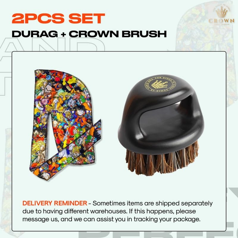 2pcs Set Anime Durag and Knuckle Boar Bristle Hair Brush - Smoothing Soft Boar Bristle Beard Brush Silk Durag Satin Turban for Men (2DZB11)