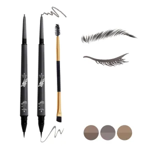 3 Pcs Eyebrow Pencil Set, with 2 Dual Ended Waterproof & Long Lasting Liquid Eyebrow Pen and with 1 Eyebrow Brush, Grey
