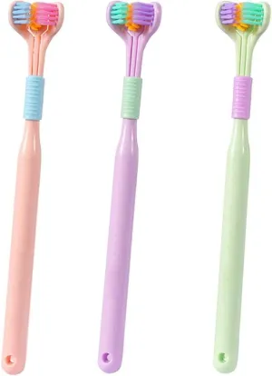 3-Sided Toothbrush, Soft Bristle, Green/Purple/Pink/Blue, Travel Toothbrush with Tongue Scraper and Easy Storage