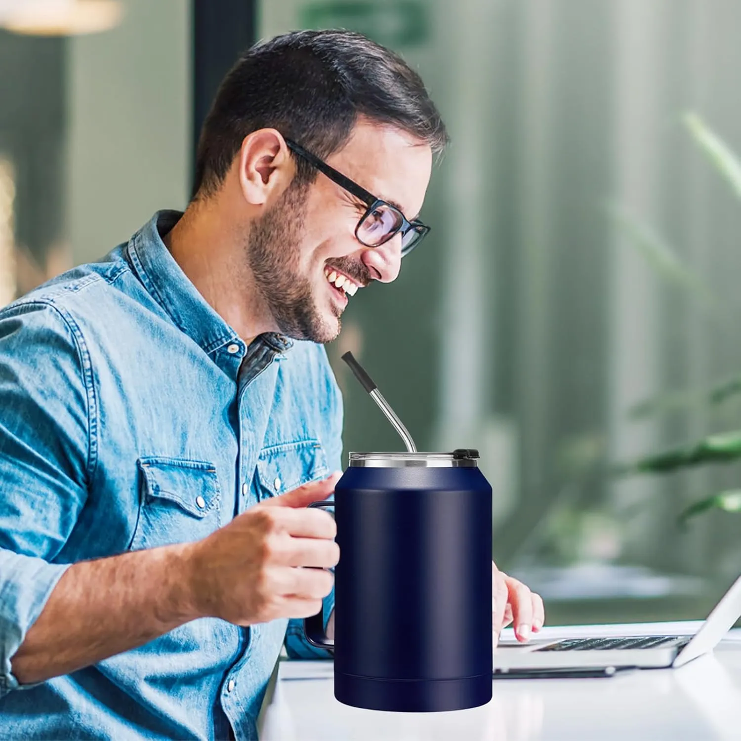 32 oz Mug Tumbler with Handle and Straw - Large Stainless Steel Coffee Cup with 2-in-1 Lid, Insulated Water Bottle Flask Jug, Metal Thermal Cup Keep Cold 36 hrs, Leakproof Proof BPA-Free